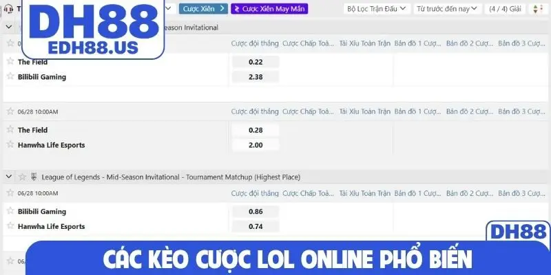Các kèo cược LoL online phổ biến