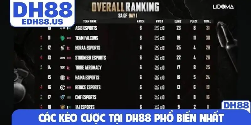 Các kèo cược tại DH88 phổ biến nhất